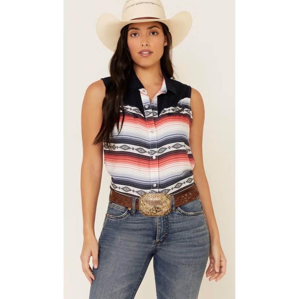 Ariat women's sleeveless Western shirt striped serape print blue red white yoke